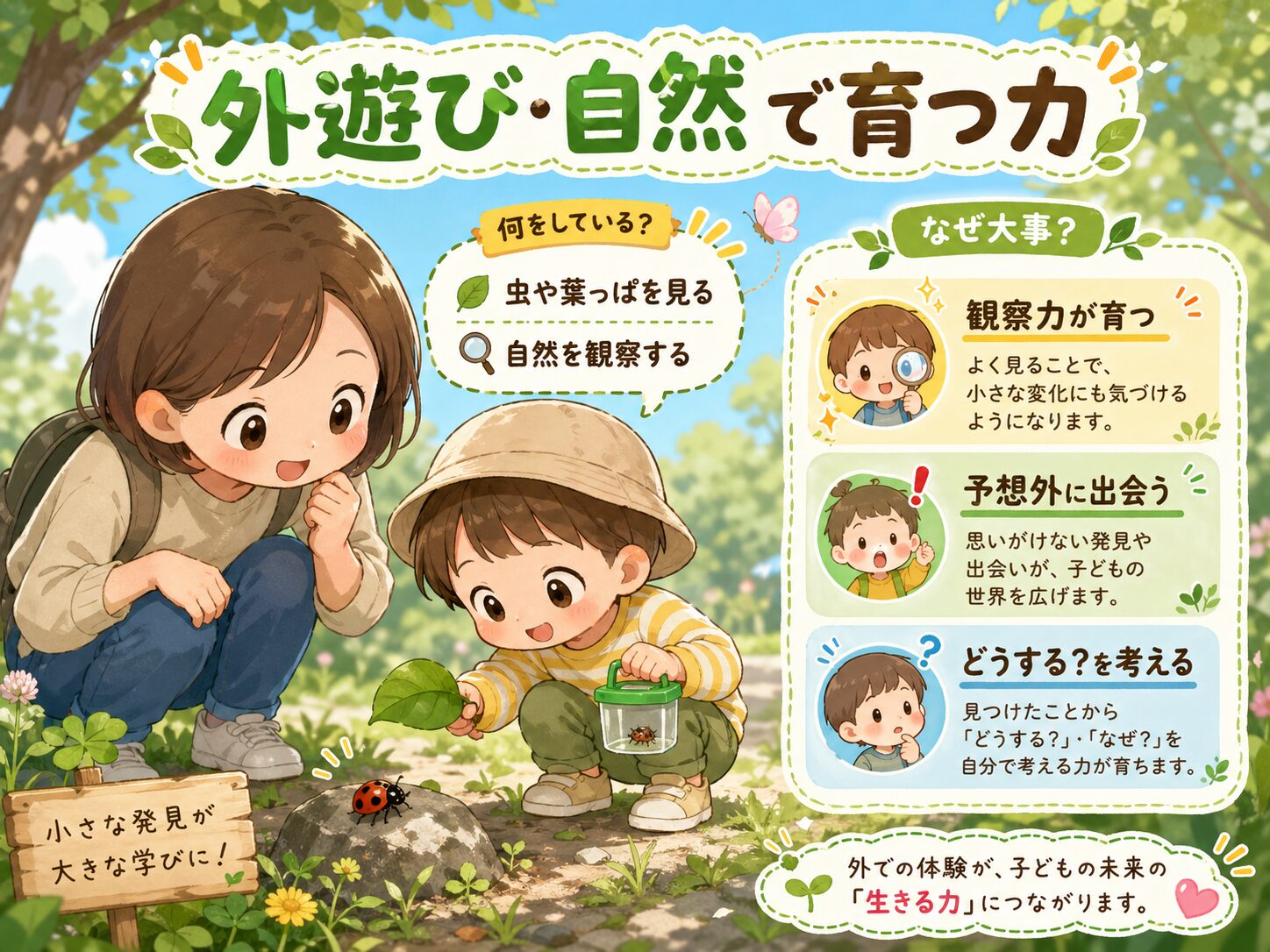 自然の中で虫取りや観察をしながら学んでいく