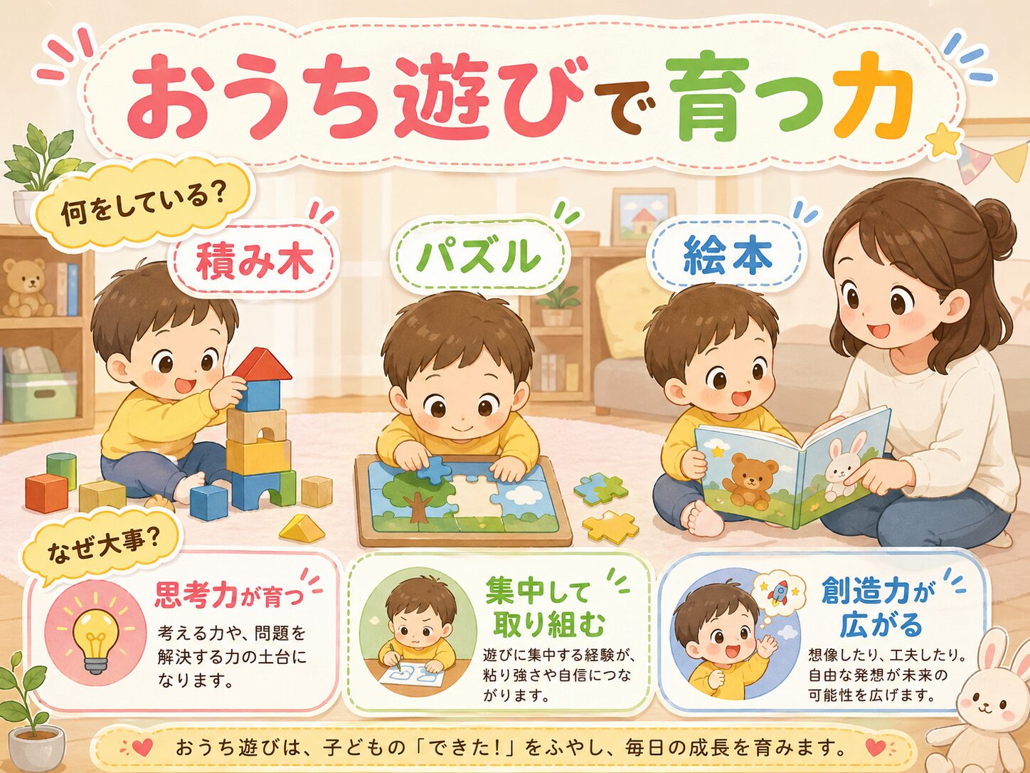 ブロックやパズルなどのおうち遊びを通して学んでいく