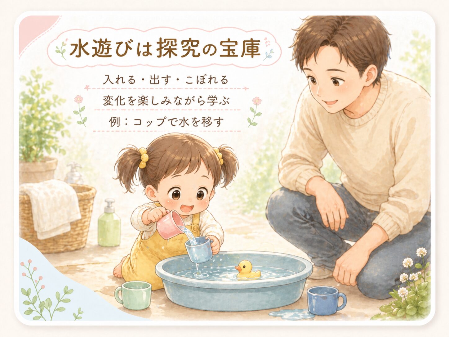 コップで水を何度も移して確かめる子ども