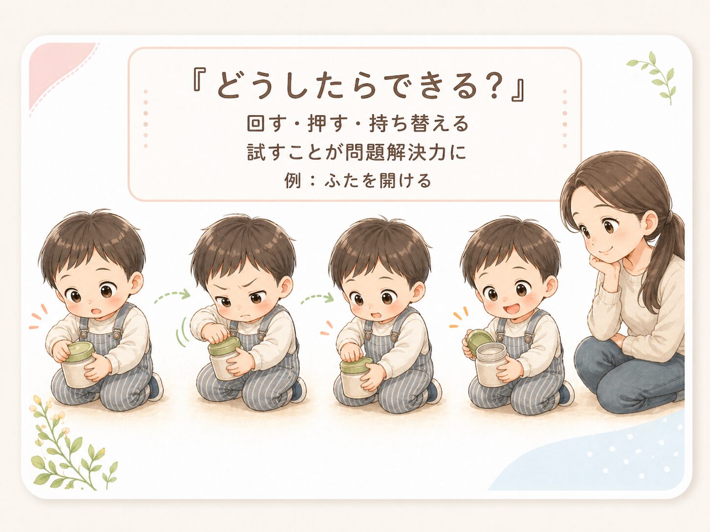ふたを開けようとして向きや方法を変える子ども