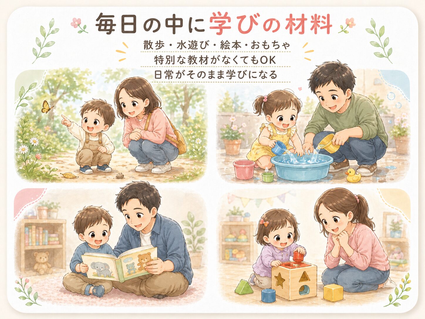 散歩、水遊び、絵本、積み木の中に探究心が見える