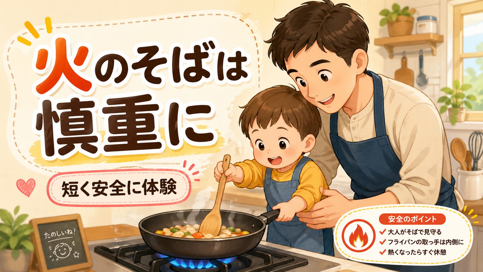 親がそばで支えながら火の近くで料理