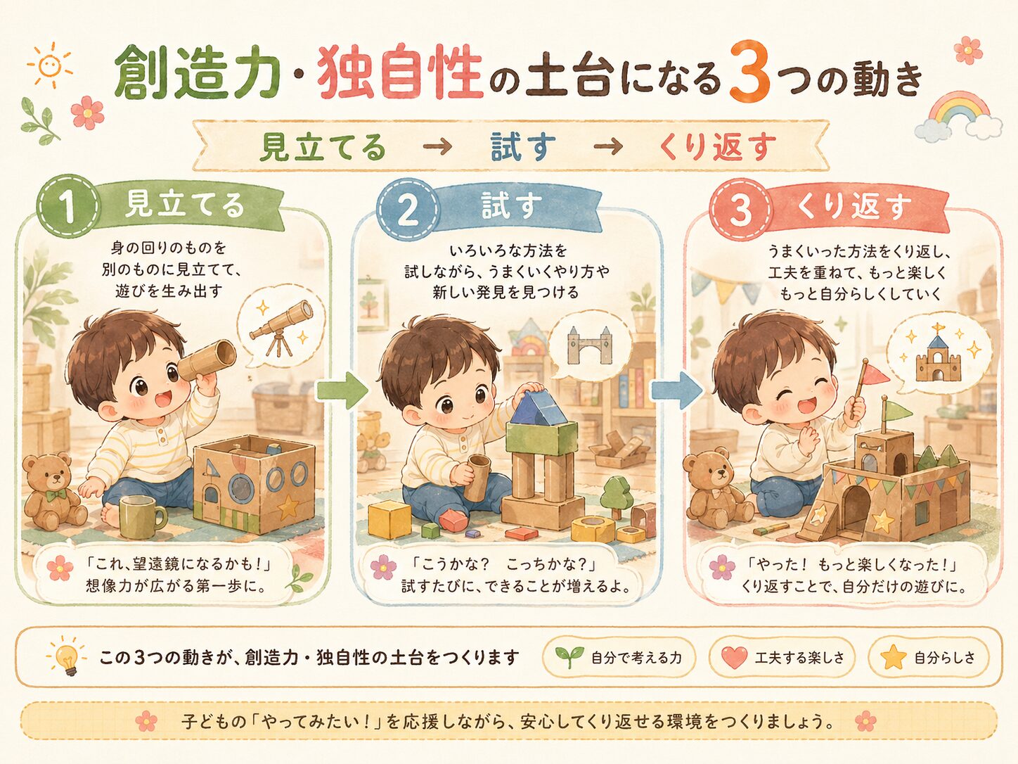 創造力・独自性の土台になる3つの動き。見立てる、試す、くり返すの流れ