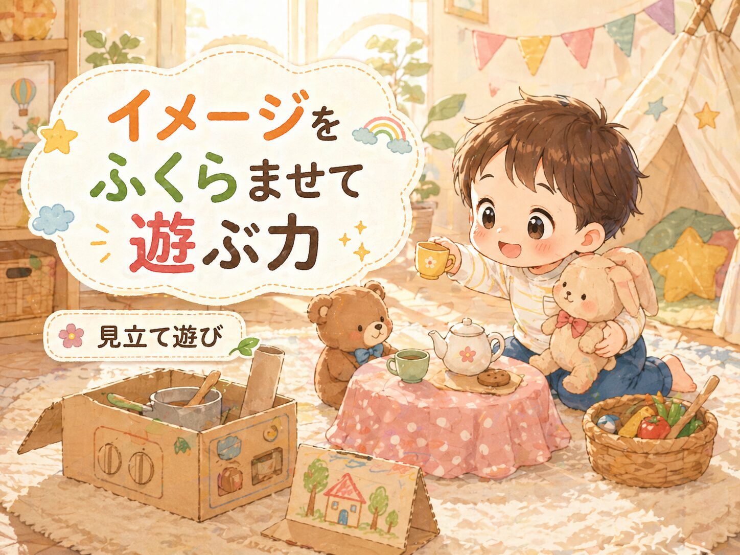 イメージをふくらませて遊ぶ力。見立て遊びでぬいぐるみや空き箱を使って遊ぶ