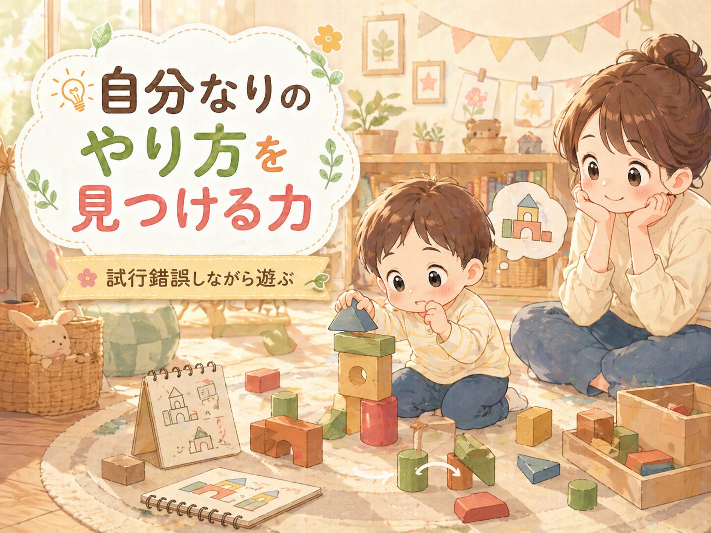 自分なりのやり方を見つける力。積み木を試行錯誤しながら自分流に組み合わせて遊ぶ