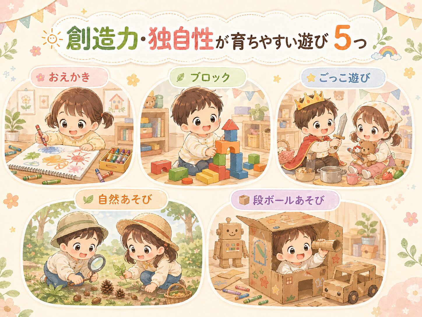 創造力・独自性が育ちやすい遊び5つ。おえかき、ブロック、ごっこ遊び、自然あそび、段ボールあそび