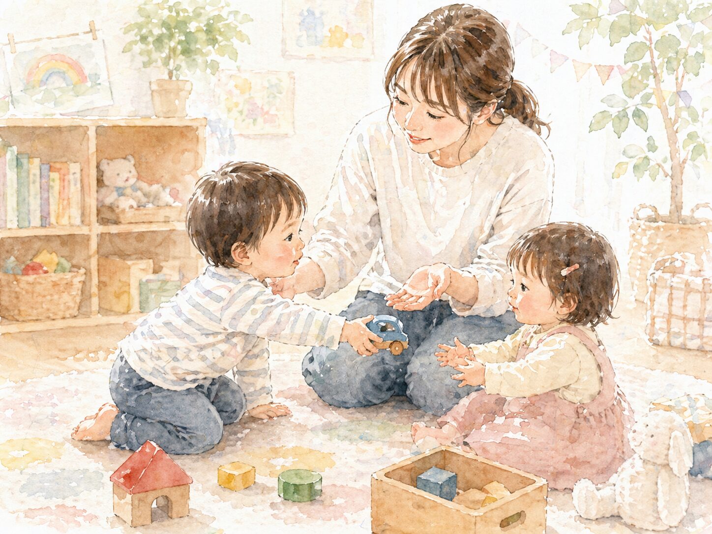 おもちゃのやりとりを見守る大人と幼児の挿絵