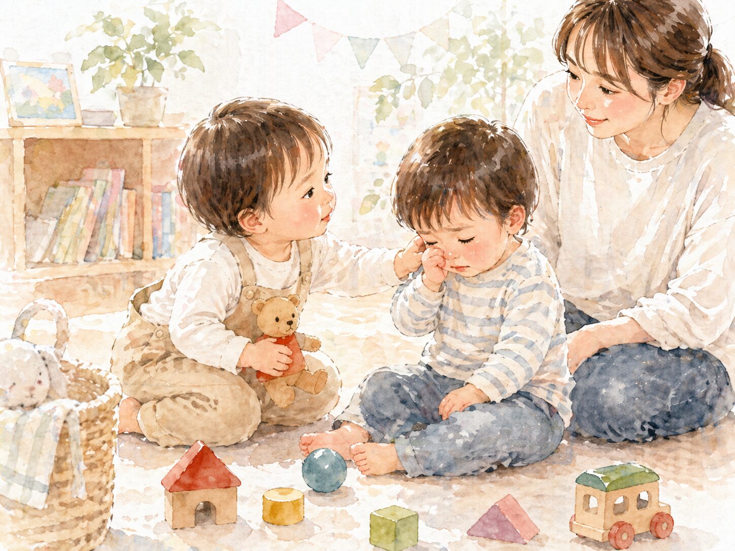 泣いている子に気づく幼児の挿絵