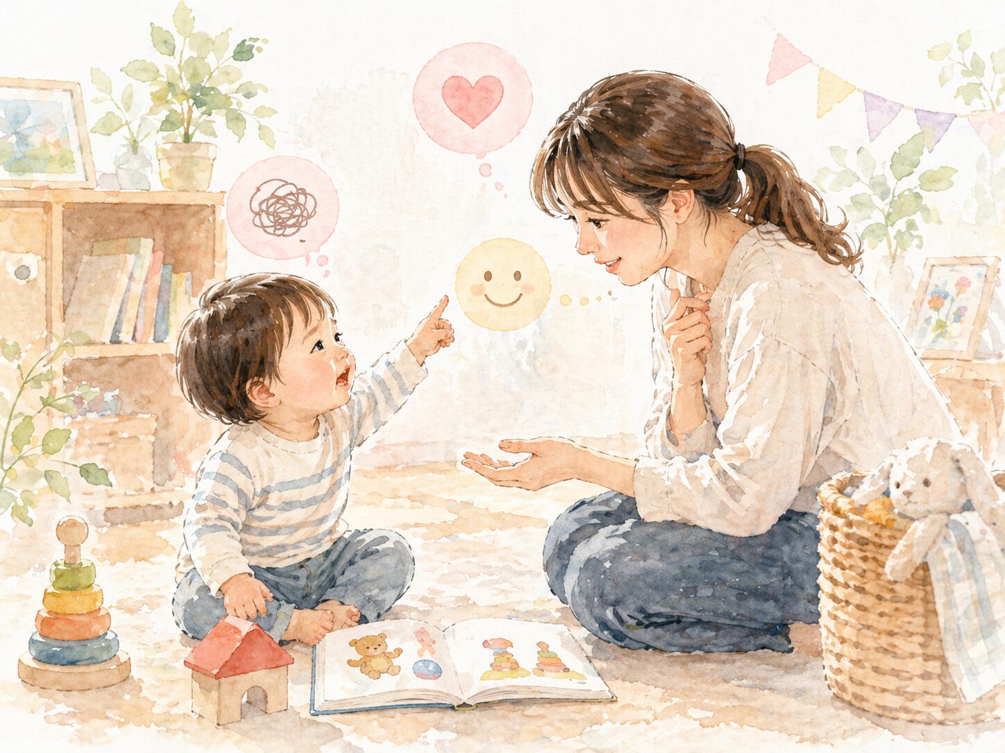 指さしで気持ちを伝える親子の挿絵