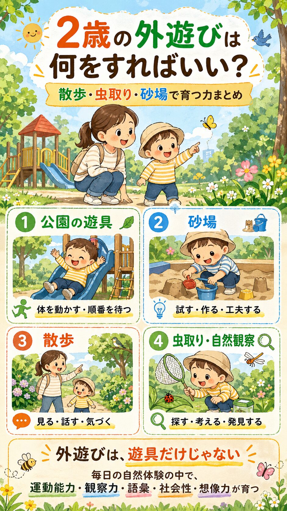 2歳の外遊びは何をすればいい?散歩・虫取り・砂場で育つ力まとめ