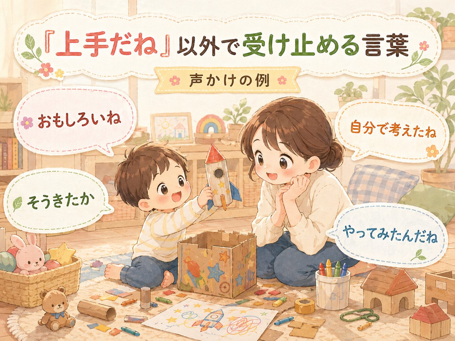 上手だね以外で受け止める言葉。おもしろいね、そうきたか、自分で考えたね、やってみたんだねという声かけ例
