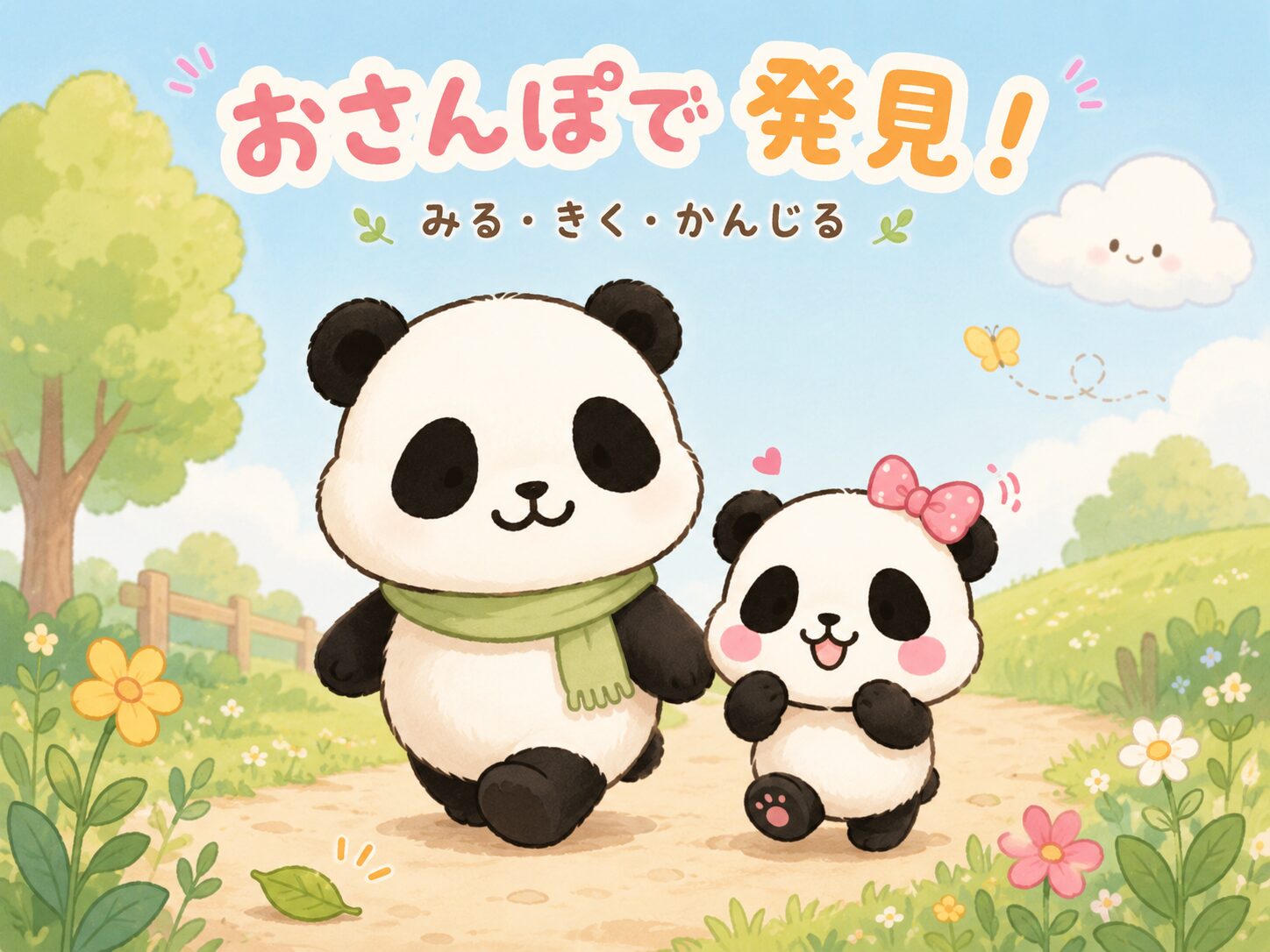 親子パンダが散歩で発見を楽しむイラスト
