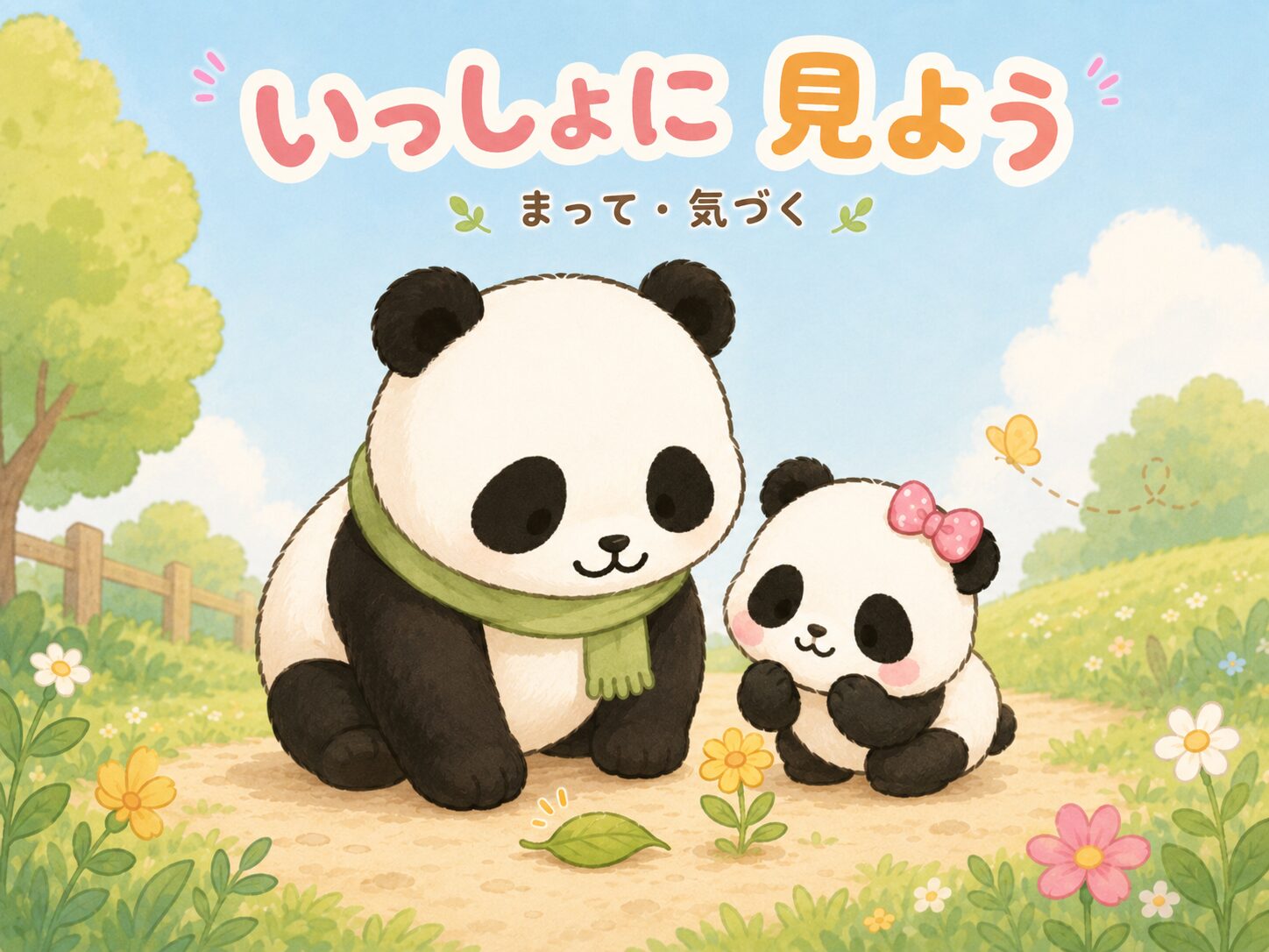 親子パンダが葉っぱや花を一緒に見ながら待つイラスト