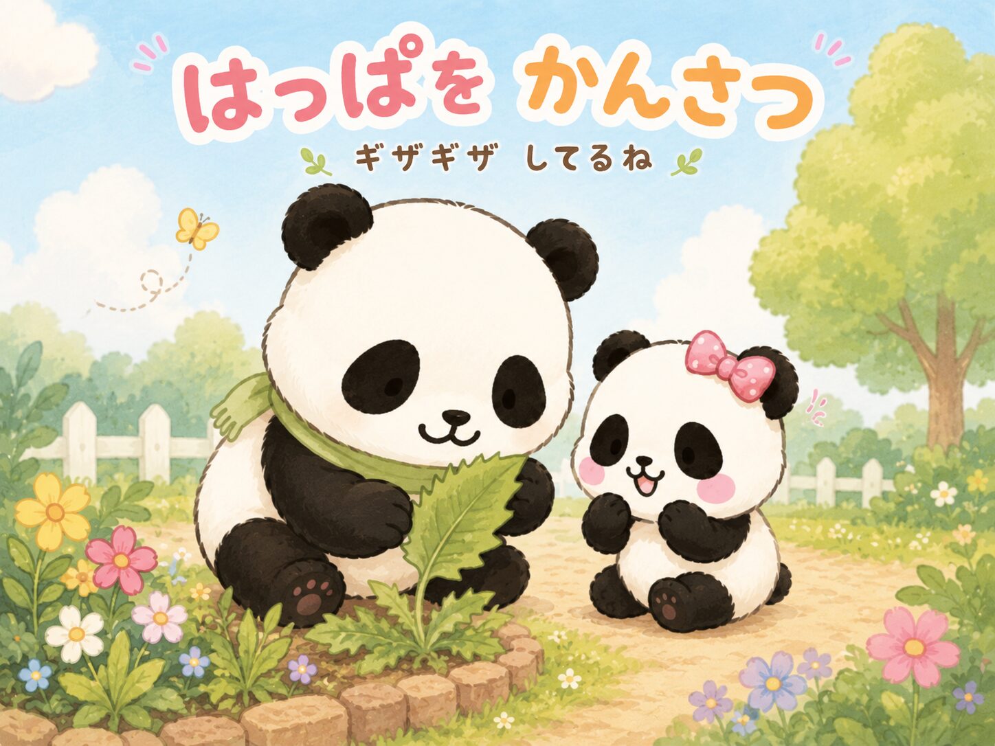 親子パンダが花壇とギザギザした葉っぱを観察するイラスト