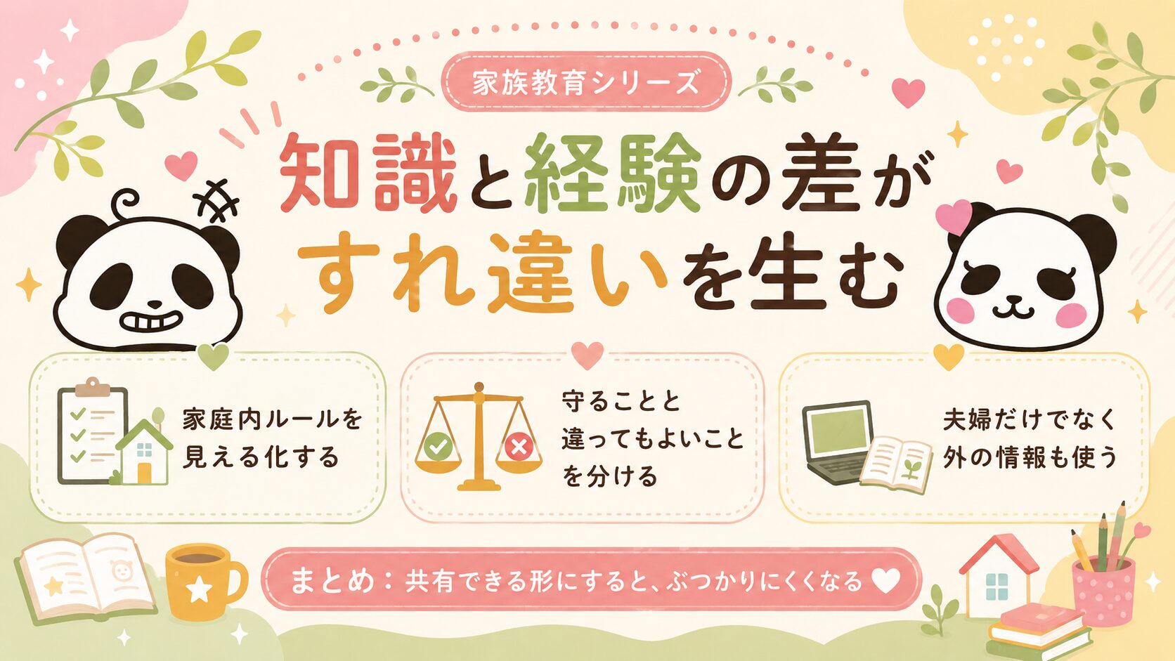 知識と経験の差が夫婦のすれ違いを生むことをまとめた家族教育の図解
