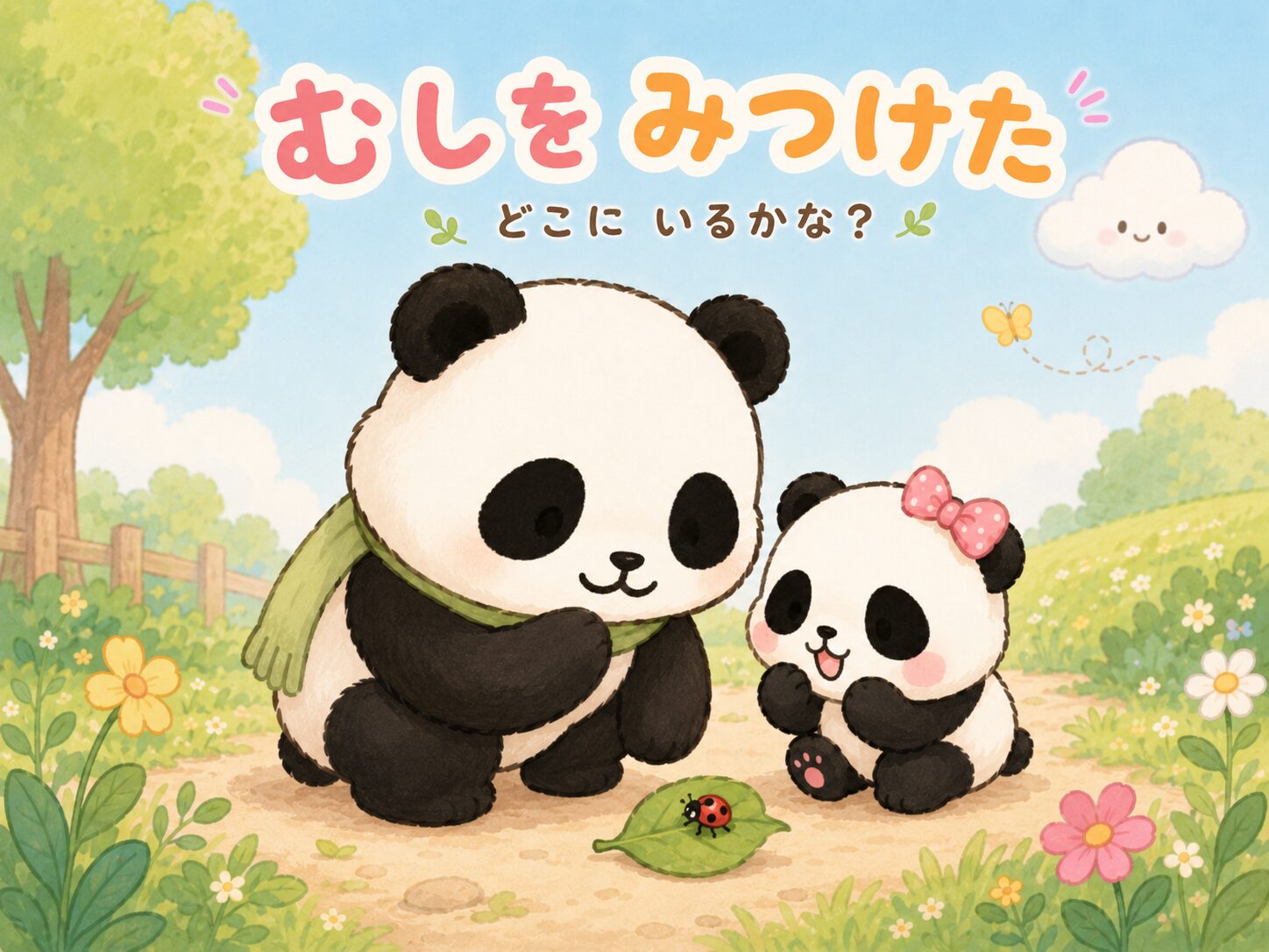 親子パンダがてんとう虫を見つけて観察するイラスト