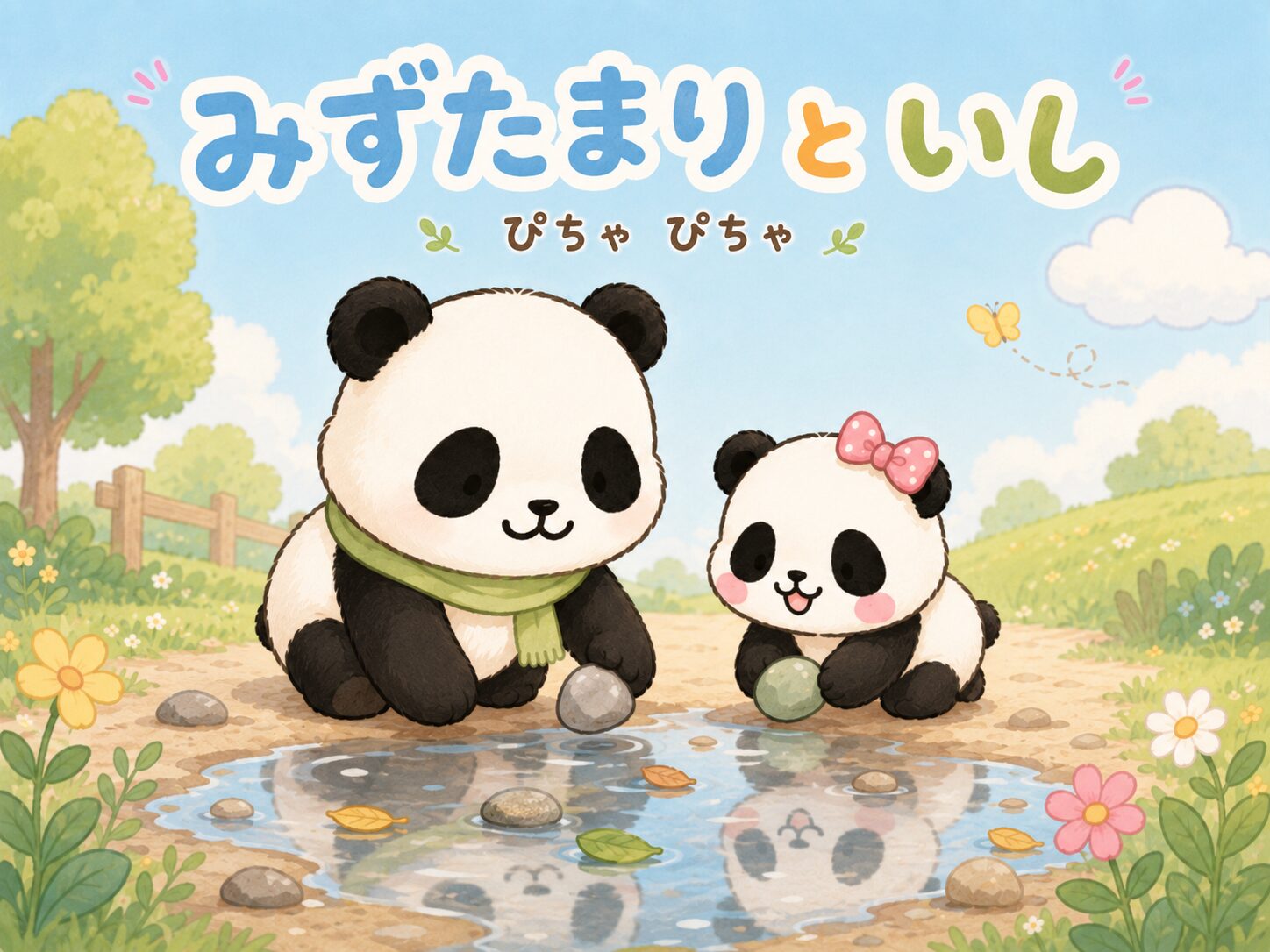 親子パンダが水たまりと石と落ち葉を観察するイラスト