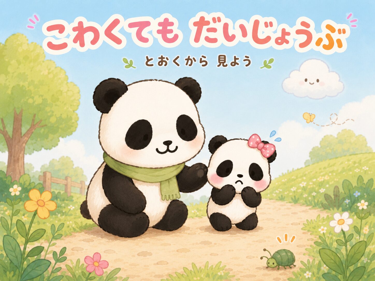 怖がる子どもパンダに親パンダがやさしく寄り添うイラスト