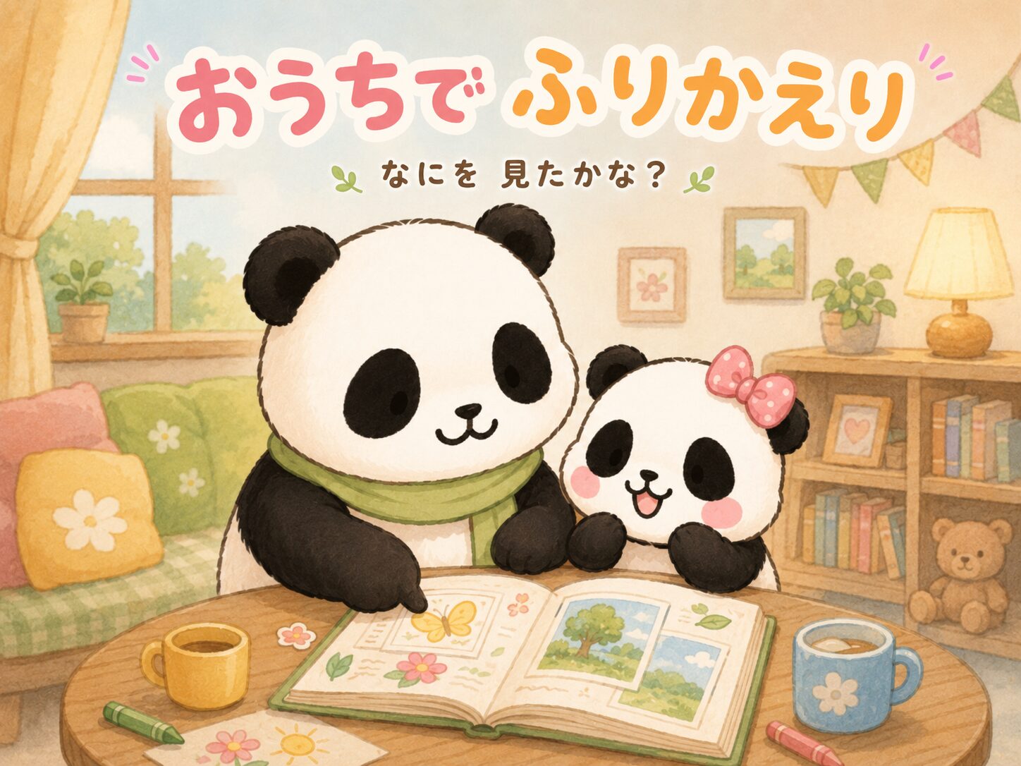 親子パンダが家で散歩の思い出を振り返るイラスト