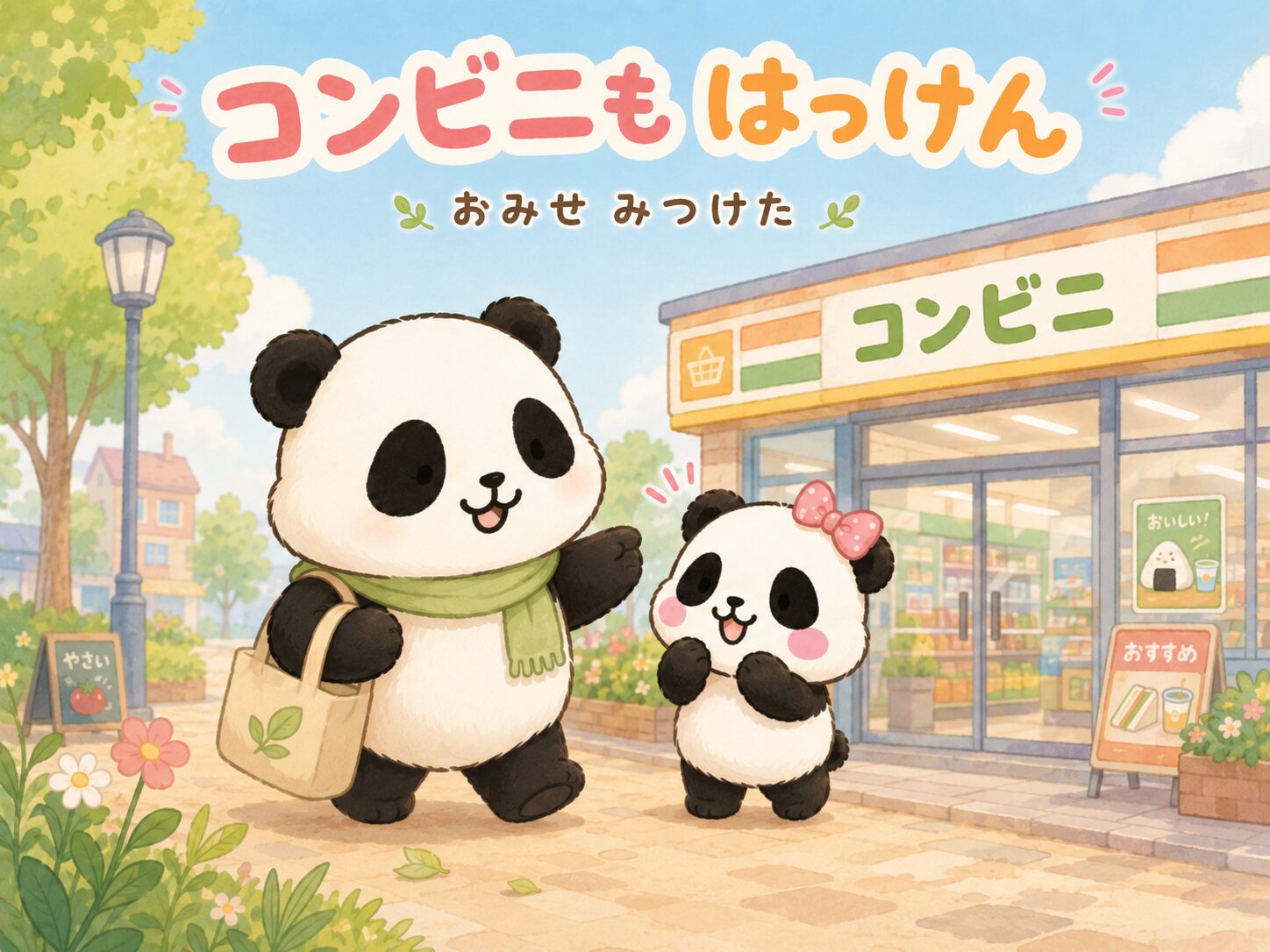 親子パンダがコンビニの前でまち観察をするイラスト