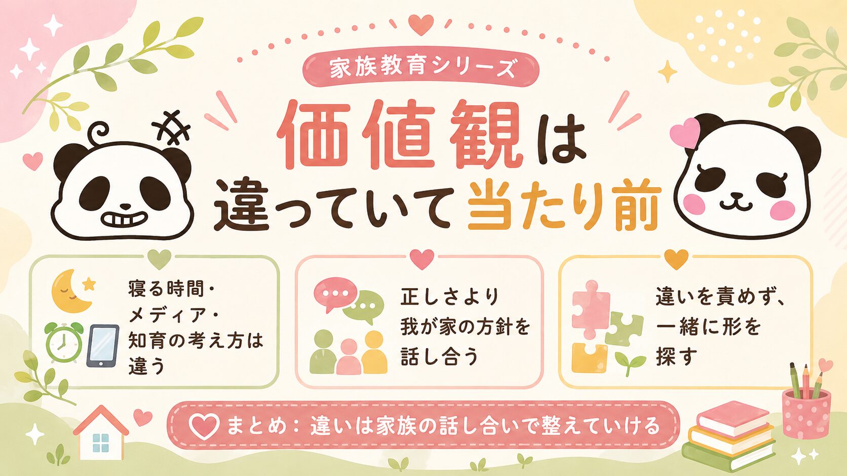 夫婦の価値観は違っていて当たり前であることをまとめた家族教育の図解