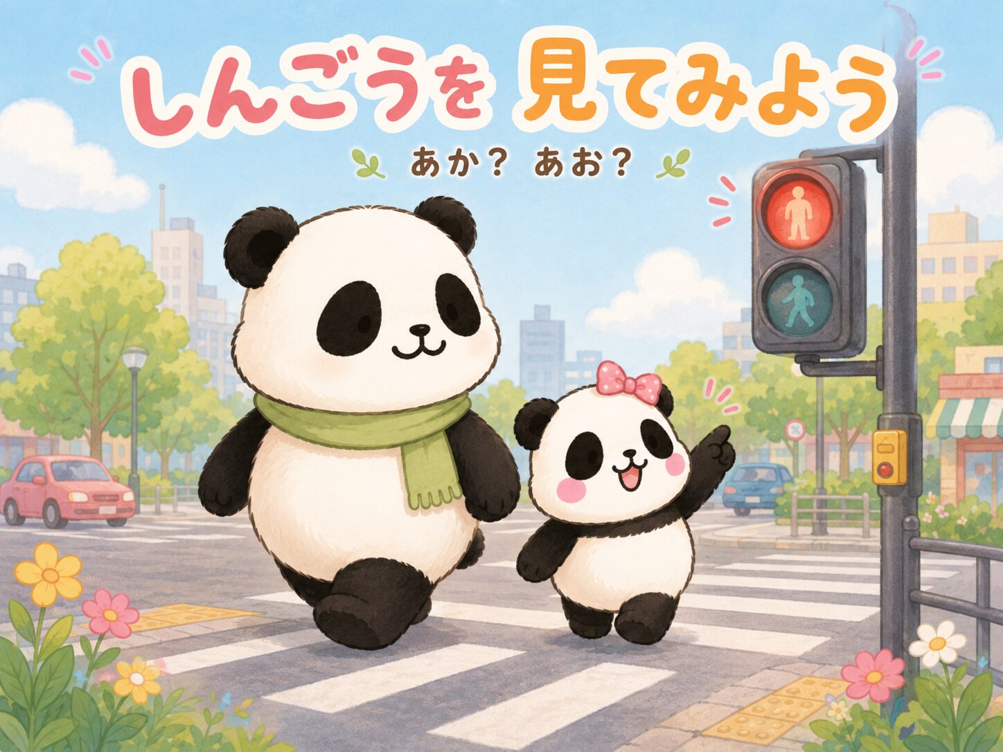 親子パンダが信号を見ながら色とルールを学ぶイラスト