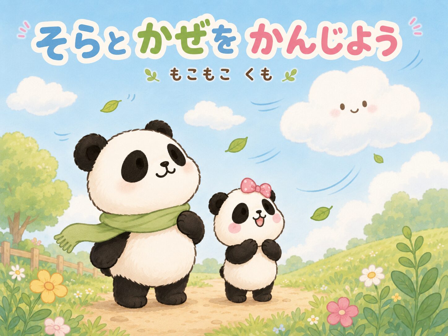 親子パンダが空と風を感じながら散歩するイラスト