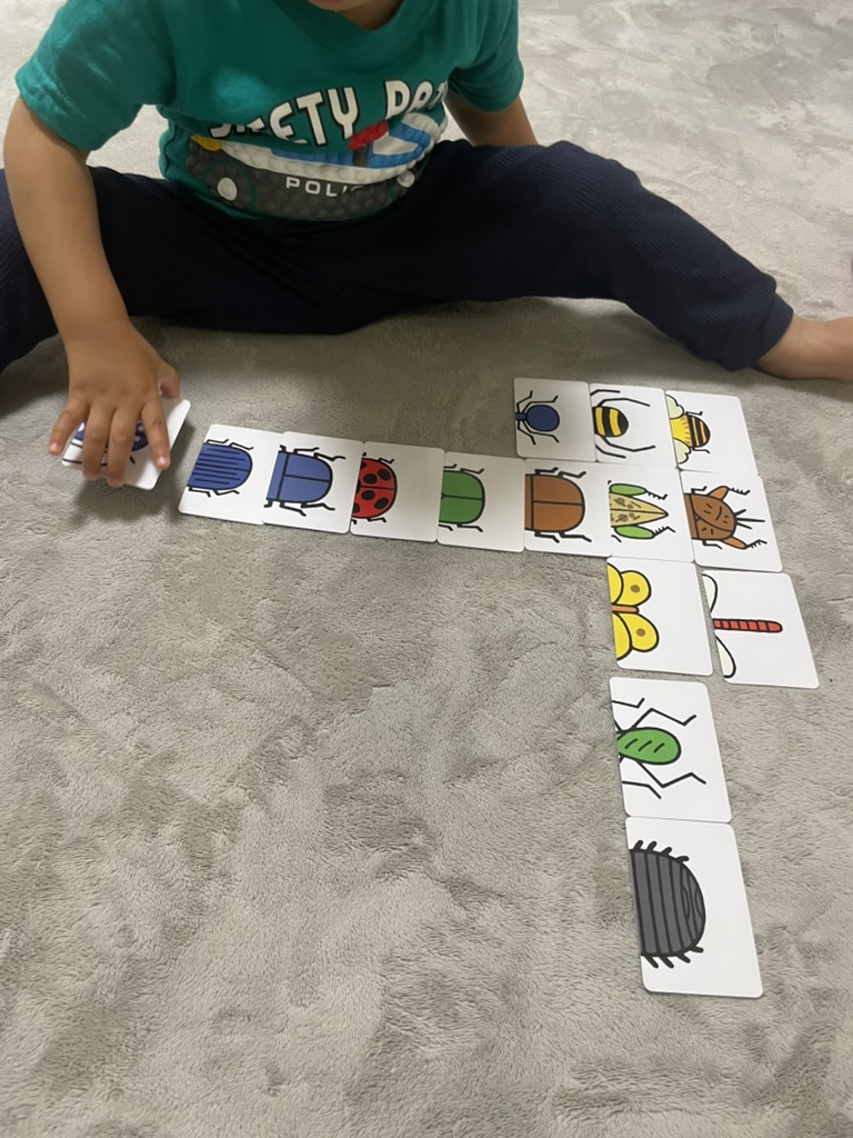 絵合わせカードを使って分類遊びをする2歳児