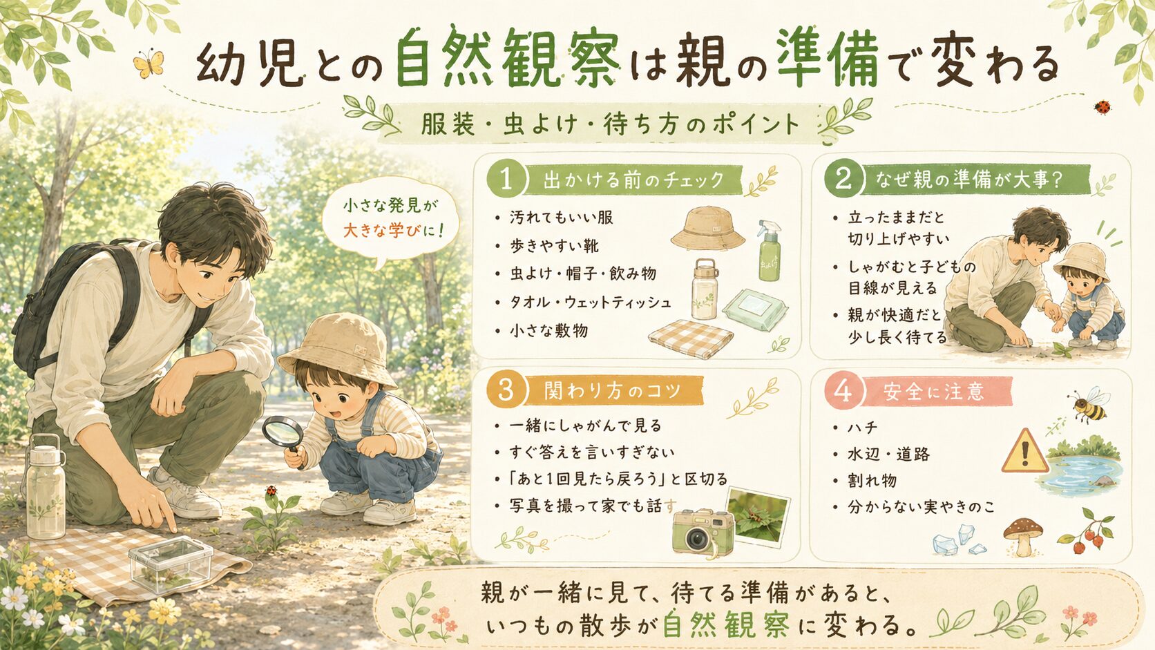 この記事のまとめ画像です。幼児との自然観察は親の準備で変わります。