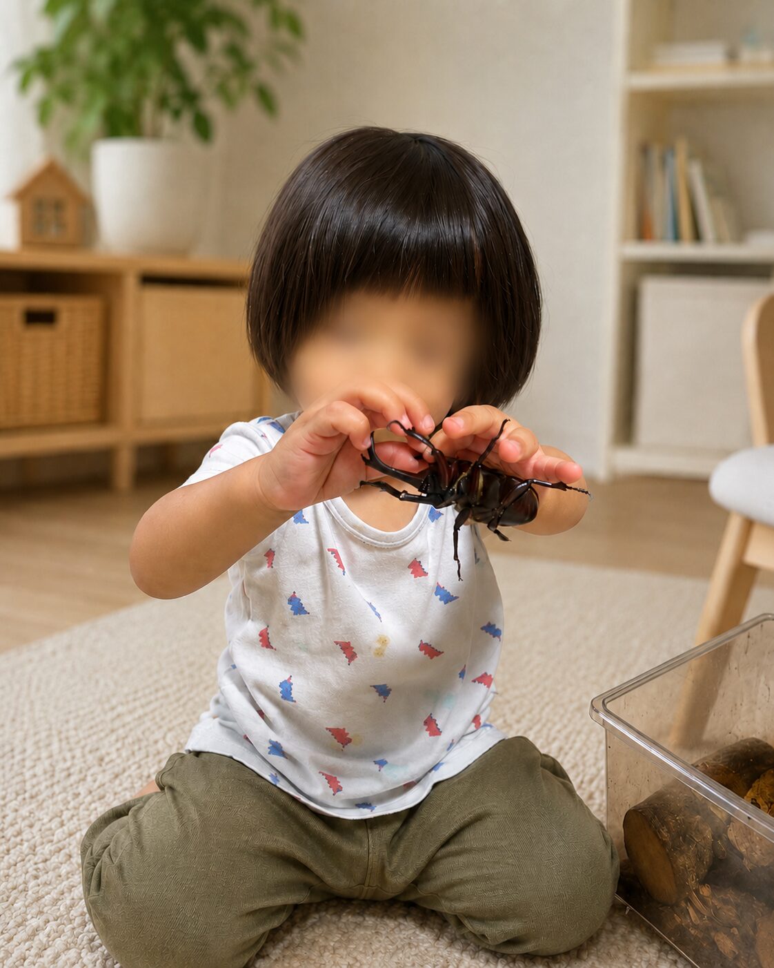 じいじからもらったカブトムシを持って観察する1歳11ヶ月の幼児