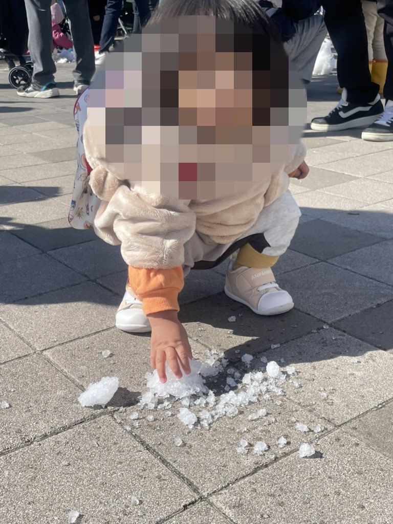 地面の雪に触れる1歳児