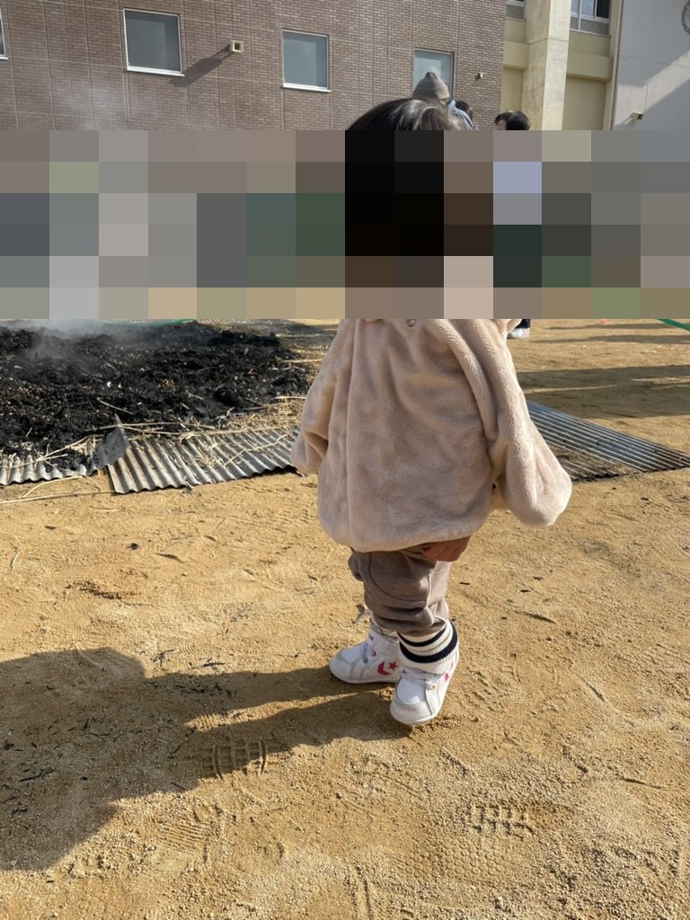 近所の学校でどんど焼きを眺める1歳児