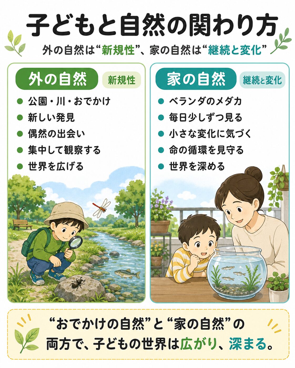 外の自然は新規性、家の自然は継続と変化とまとめた図