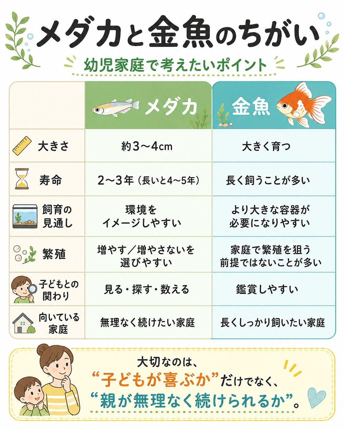 幼児家庭で考えたいメダカと金魚の違いを比較した図